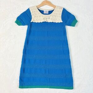 Hanna Andersson Dress Kids 120 | 6-7 Blue Striped Sweater Dress with Ruffle Neck